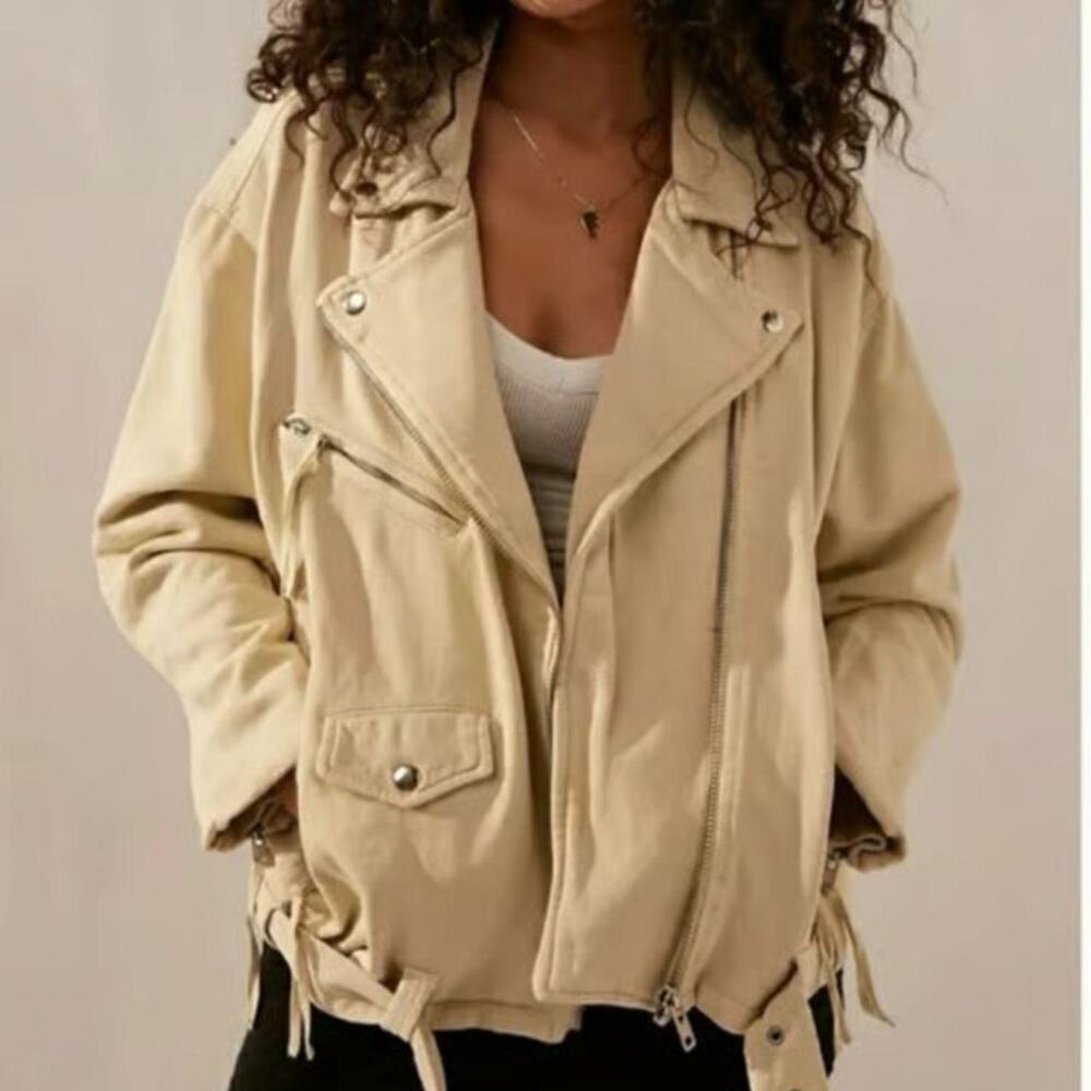 Free People Rebel Knit Oversized Moto Jacket Vanilla Creme Size Large